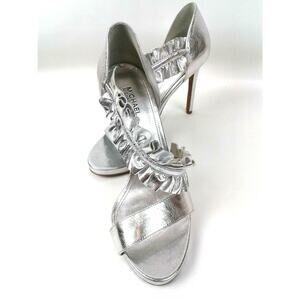 Michael Kors Womens Silver 4.5" Heels/Sandals W/Wide Ruffle Ankle Strap Sz 7.5M